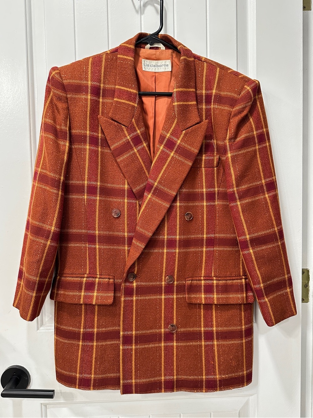 Liz Claiborne Vintage Wool & Silk Blend Burnt Orange and Mustard Plaid Blazer